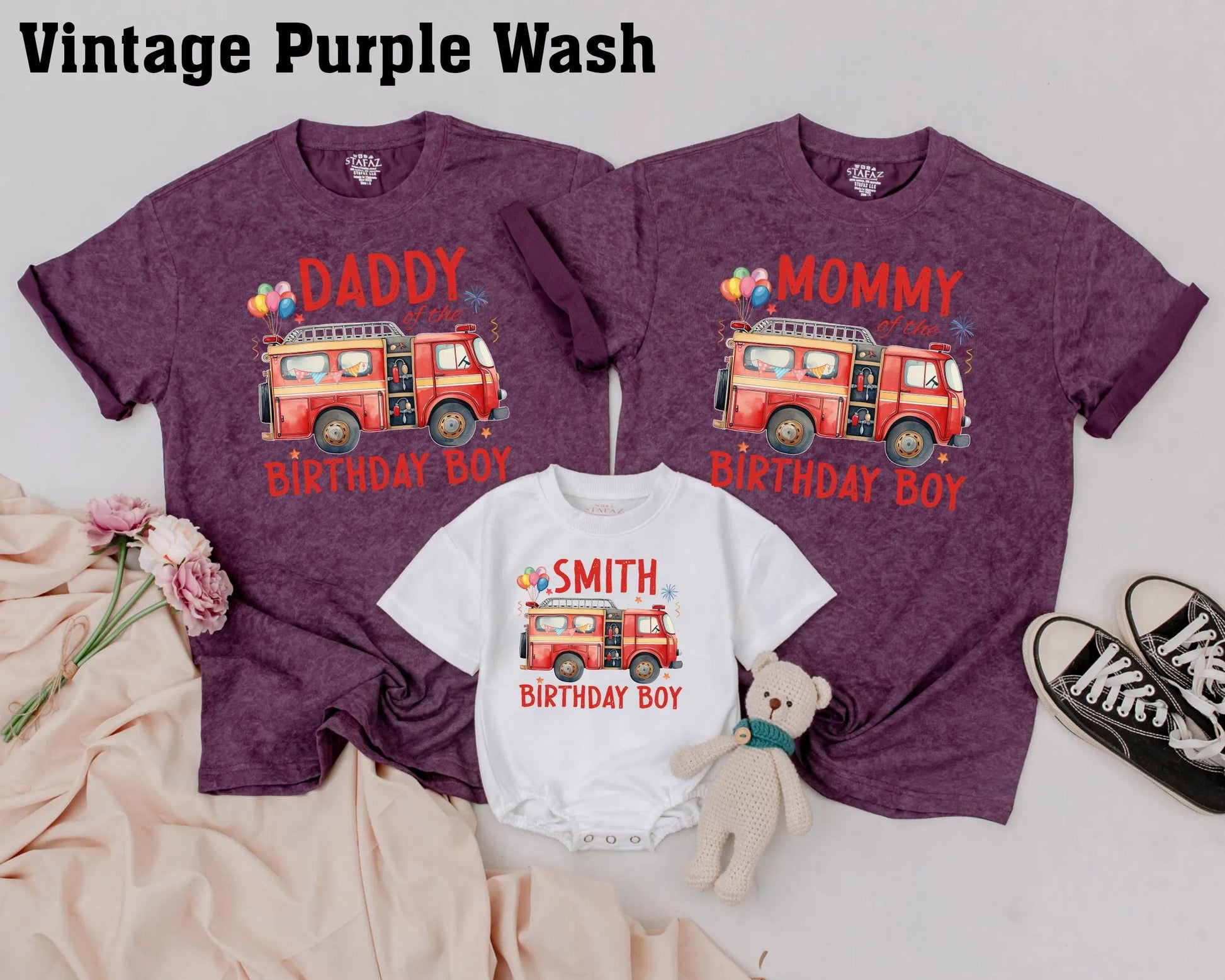 Custom Fire Truck Birthday Boy Shirt 1st Birthday Matching Family Outfit Daddy Mommy Sister personalized tee vibrant red fire engine design