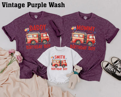 Custom Fire Truck Birthday Boy Shirt 1st Birthday Matching Family Outfit Daddy Mommy Sister personalized tee vibrant red fire engine design