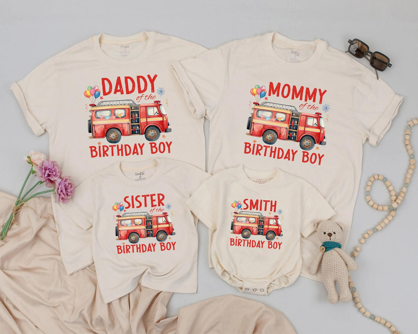 Custom Fire Truck Birthday Boy Shirt 1st Birthday Matching Family Outfit Daddy Mommy Sister personalized tee vibrant red fire engine design