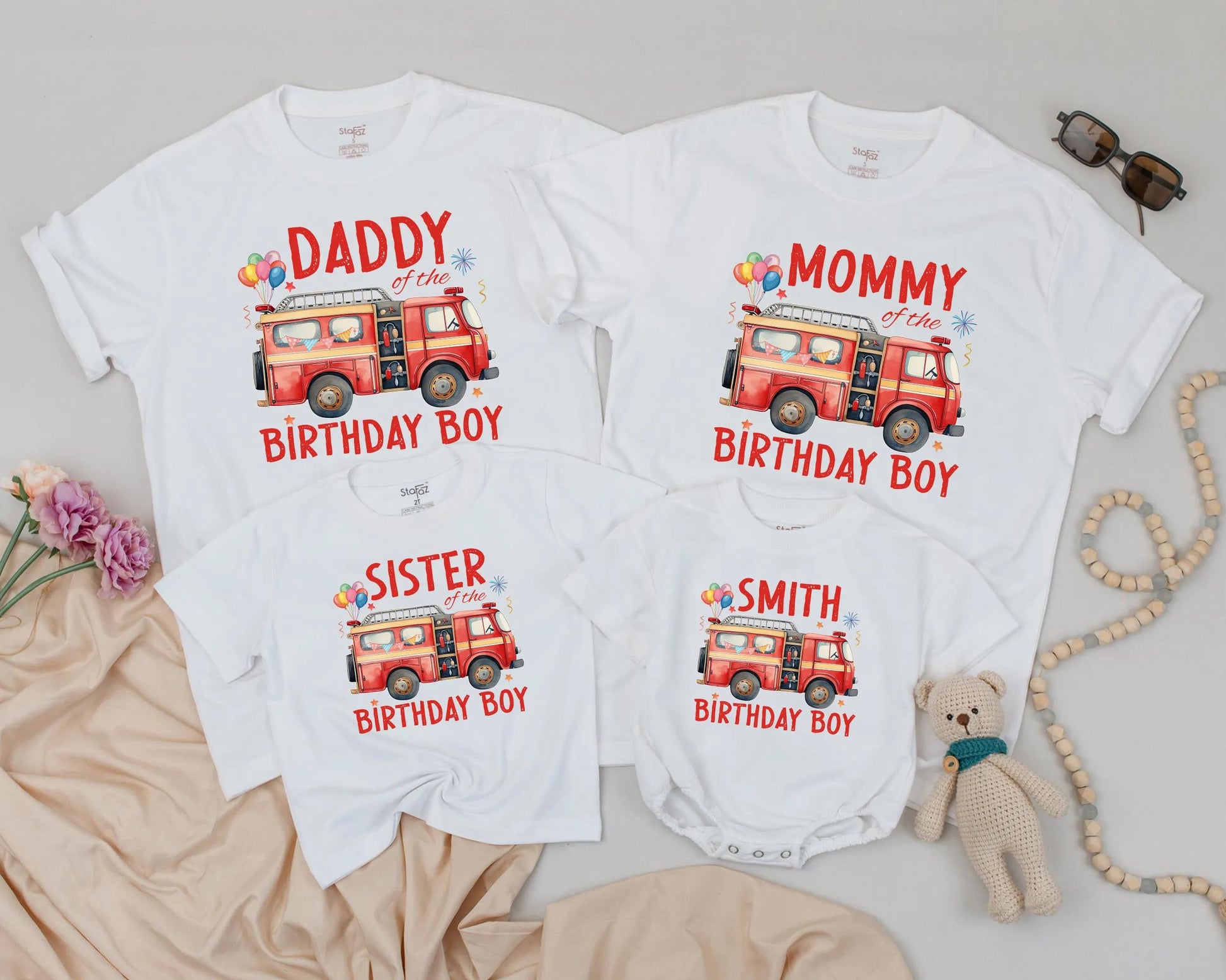 Custom Fire Truck Birthday Boy Shirt 1st Birthday Matching Family Outfit Daddy Mommy Sister personalized tee vibrant red fire engine design