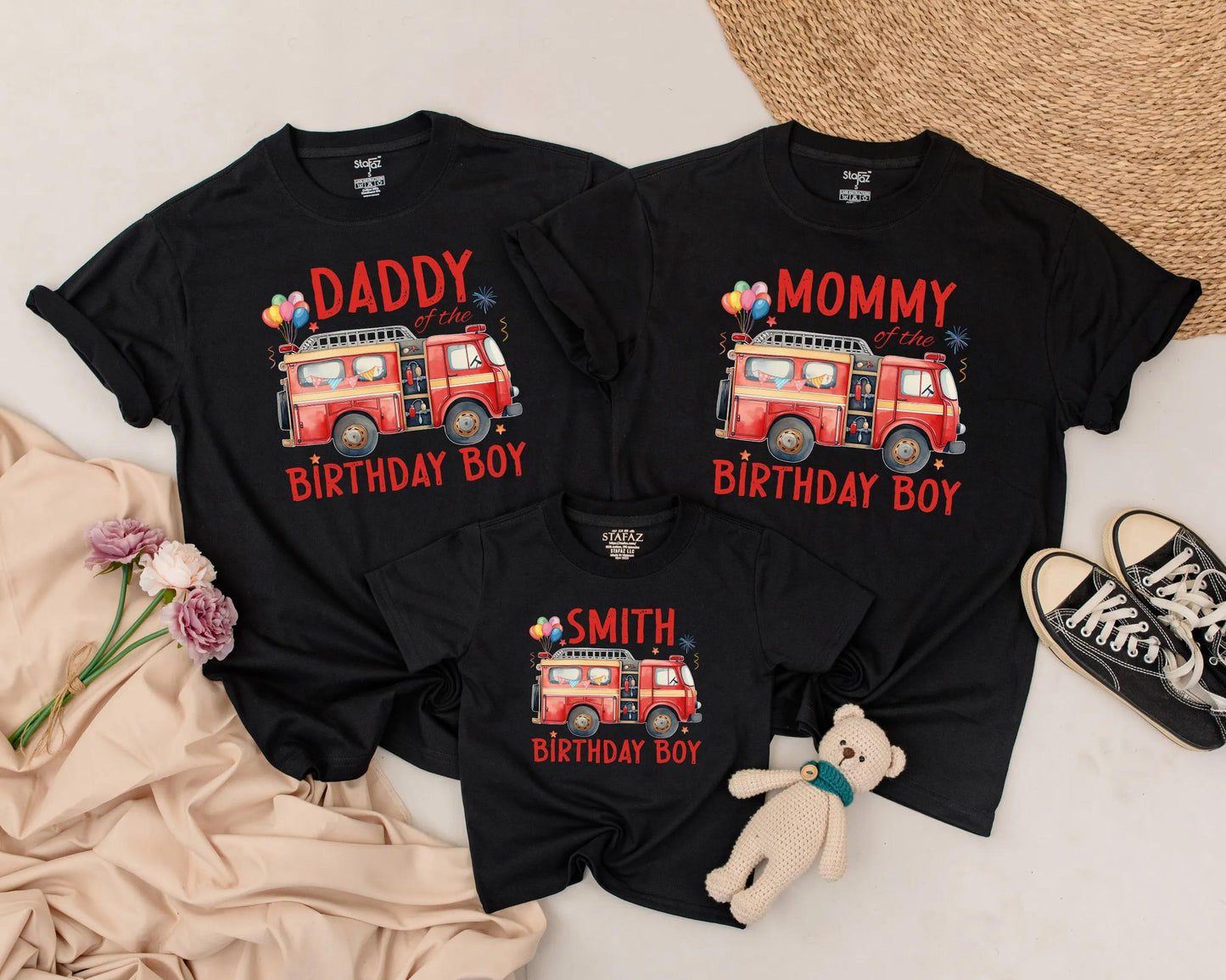 Custom Fire Truck Birthday Boy Shirt 1st Birthday Matching Family Outfit Daddy Mommy Sister personalized tee vibrant red fire engine design