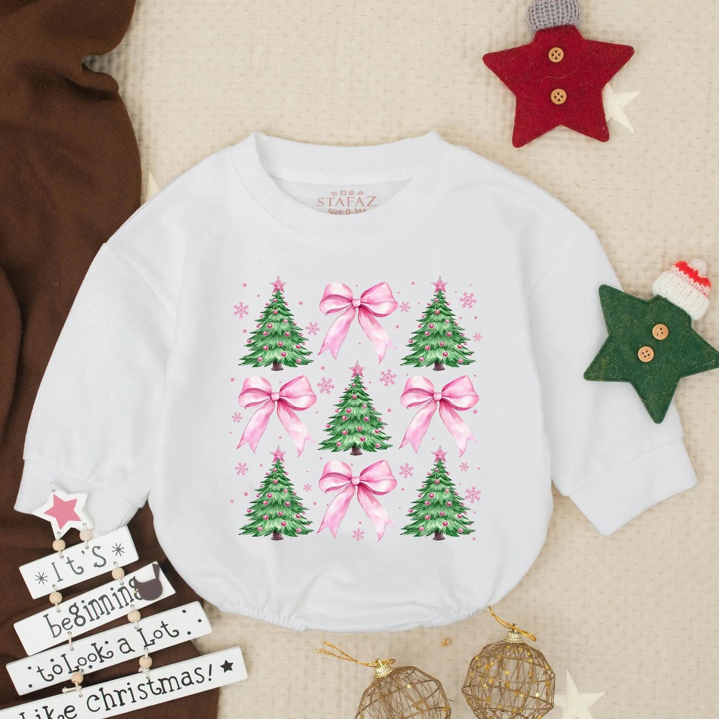 Cute Christmas Tree Pink Bow Baby Bubble Romper First Christmas Outfit for Girl Adorable Toddler Holiday Gift Festive Newborn Clothes