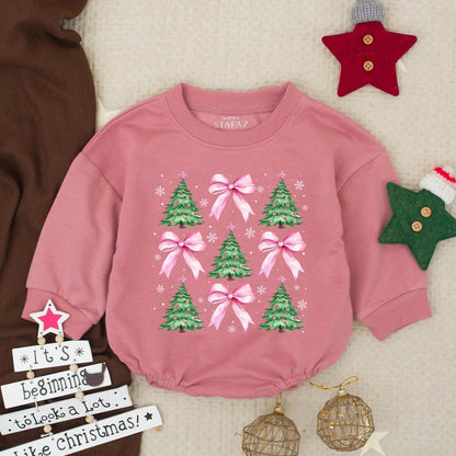 Cute Christmas Tree Pink Bow Baby Bubble Romper First Christmas Outfit for Girl Adorable Toddler Holiday Gift Festive Newborn Clothes
