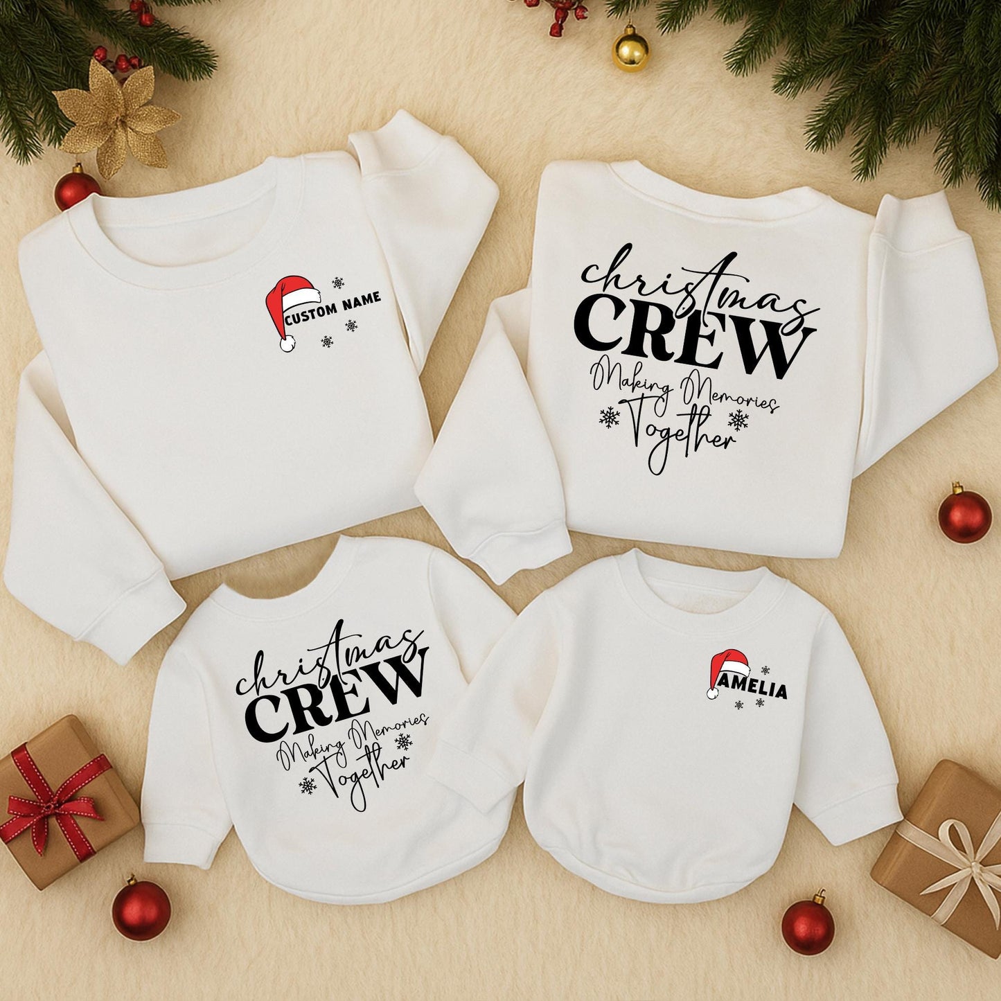Custom Family Matching Christmas Sweatshirts Cotton Crewneck Romper for Cozy Holiday Season Winter Outfits Mom Dad Baby First Birthday