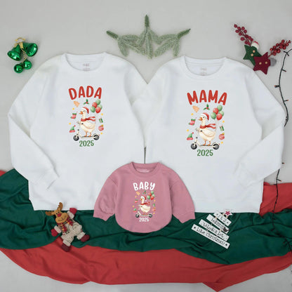 Matching Custom Funny Christmas Goose Family Sweatshirts Retro Holiday 2025 Outfits Adults Kids Baby Festive Scooter Red Green Gold Design