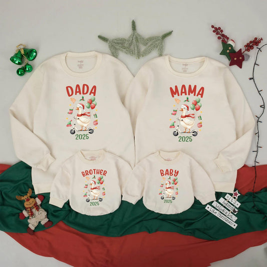 Matching Custom Funny Christmas Goose Family Sweatshirts Retro Holiday 2025 Outfits Adults Kids Baby Festive Scooter Red Green Gold Design
