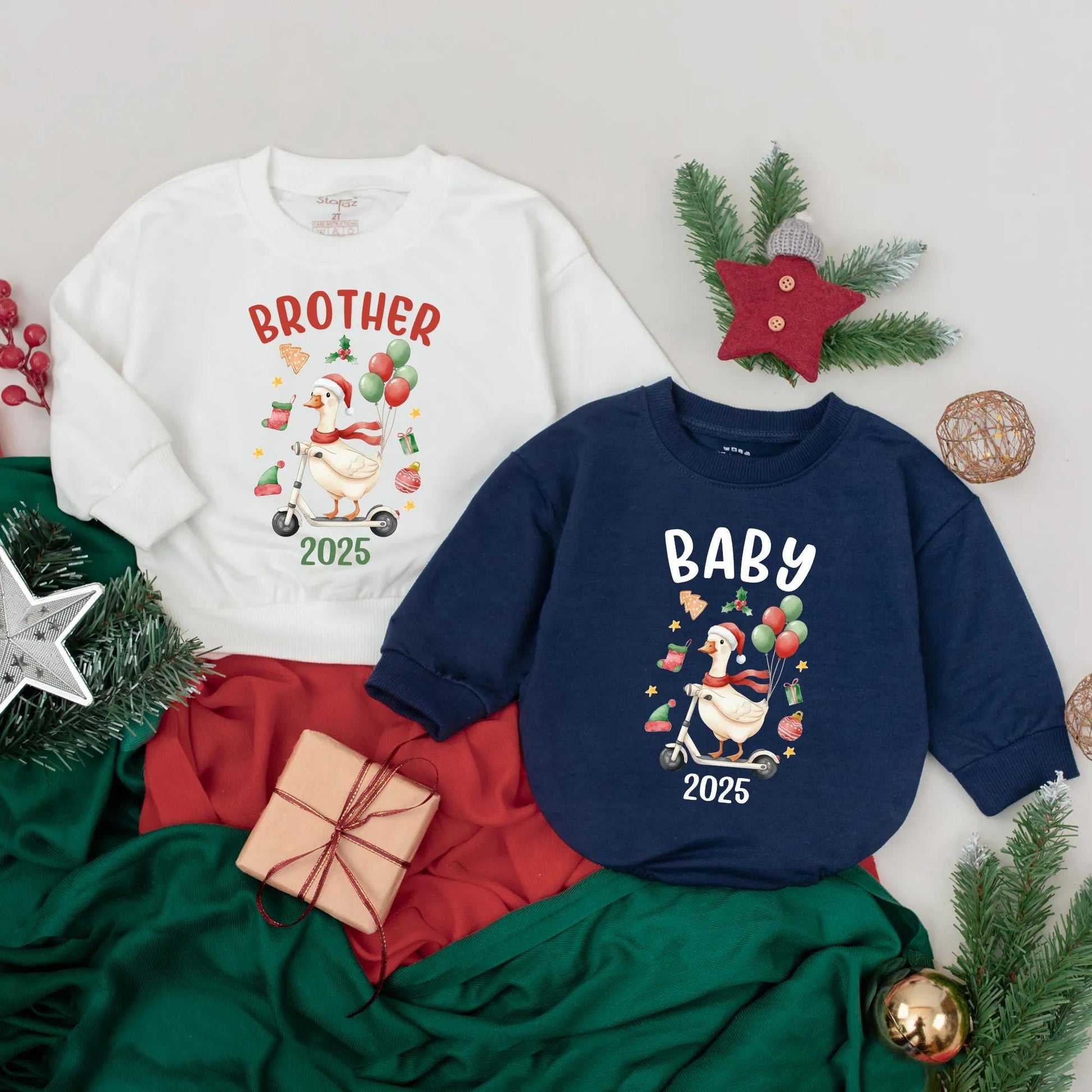 Matching Custom Funny Christmas Goose Family Sweatshirts Retro Holiday 2025 Outfits Adults Kids Baby Festive Scooter Red Green Gold Design