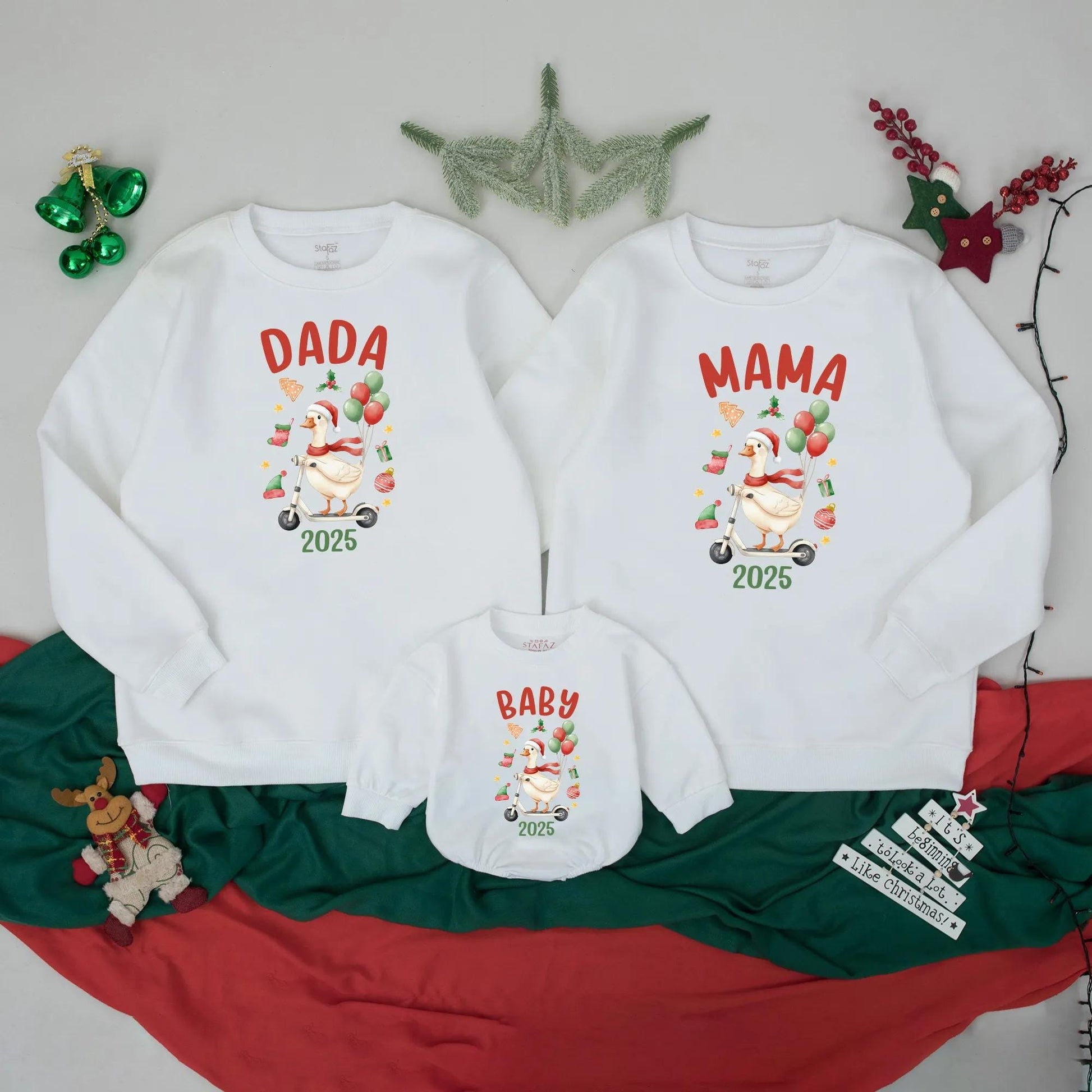 Matching Custom Funny Christmas Goose Family Sweatshirts Retro Holiday 2025 Outfits Adults Kids Baby Festive Scooter Red Green Gold Design