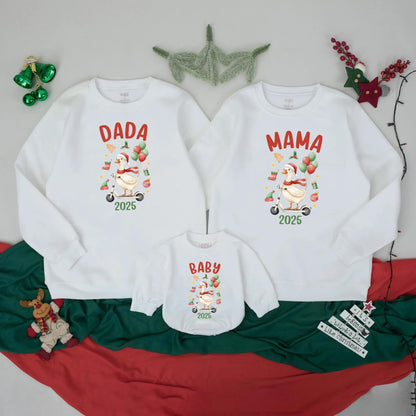 Matching Custom Funny Christmas Goose Family Sweatshirts Retro Holiday 2025 Outfits Adults Kids Baby Festive Scooter Red Green Gold Design