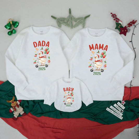 Matching Custom Funny Christmas Goose Family Sweatshirts Retro Holiday 2025 Outfits Adults Kids Baby Festive Scooter Red Green Gold Design