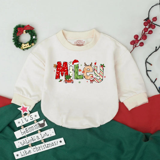 Personalized Kids Christmas Bubble Romper Retro Bodysuit Toddler Infant Sweatshirt Whimsical Festive Holiday Design Coming Home Outfit Gift