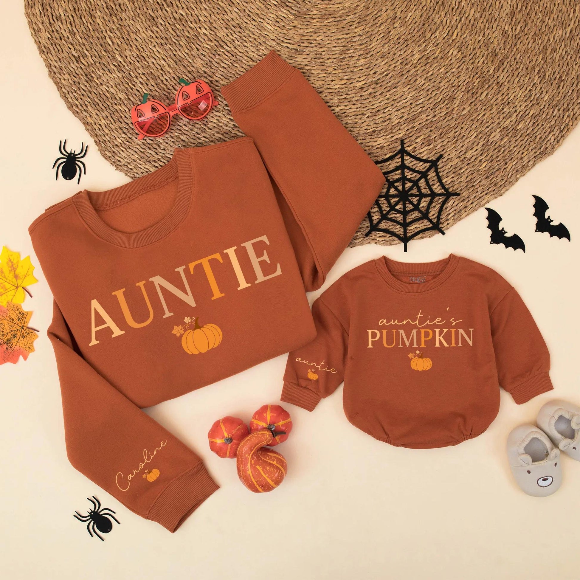 Auntie and Auntie's Pumpkin Matching Sweatshirts Cute Fall Family Outfit Orange Brown Pumpkin Graphic Autumn Gift for Auntie Caroline