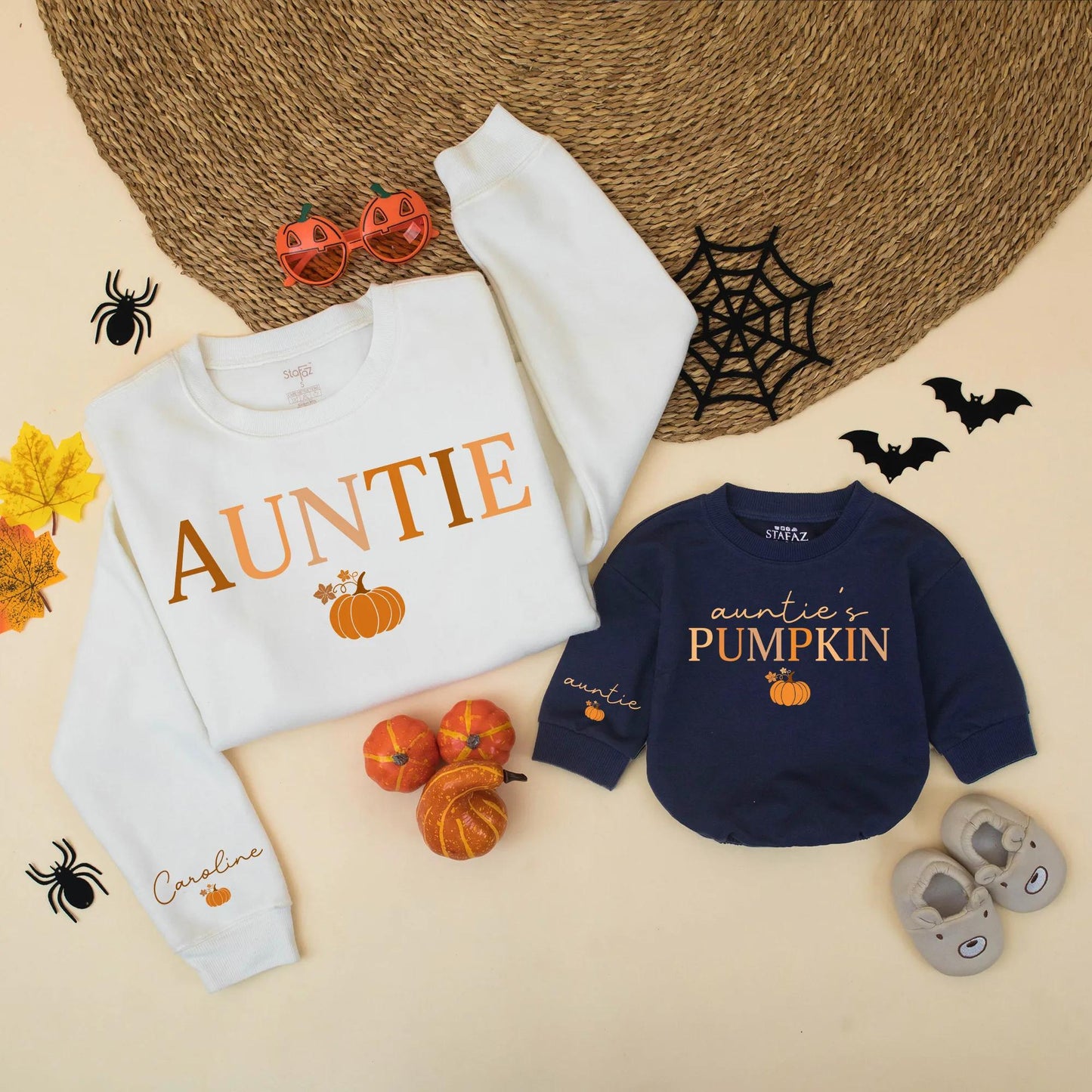 Auntie and Auntie's Pumpkin Matching Sweatshirts Cute Fall Family Outfit Orange Brown Pumpkin Graphic Autumn Gift for Auntie Caroline