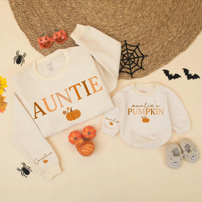 Auntie and Auntie's Pumpkin Matching Sweatshirts Cute Fall Family Outfit Orange Brown Pumpkin Graphic Autumn Gift for Auntie Caroline