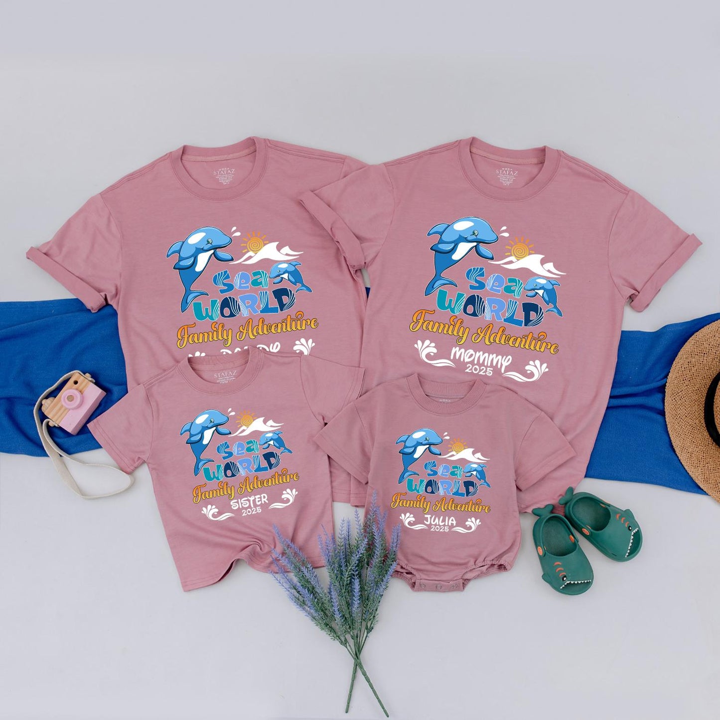 Sea World Family Adventure 2025 Matching Shirts Custom Name Vacation Tees Blue Dolphins Sun Waves Playful Cartoon Style