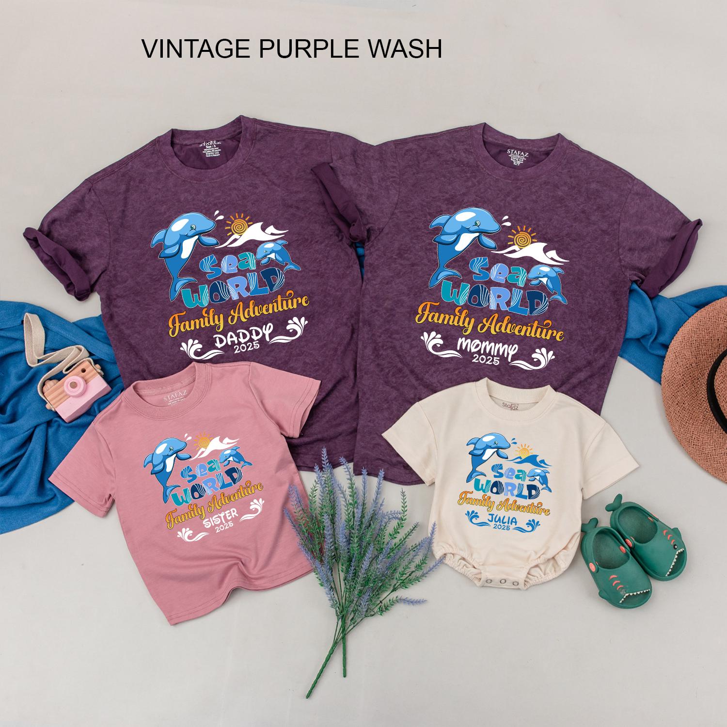 Sea World Family Adventure 2025 Matching Shirts Custom Name Vacation Tees Blue Dolphins Sun Waves Playful Cartoon Style
