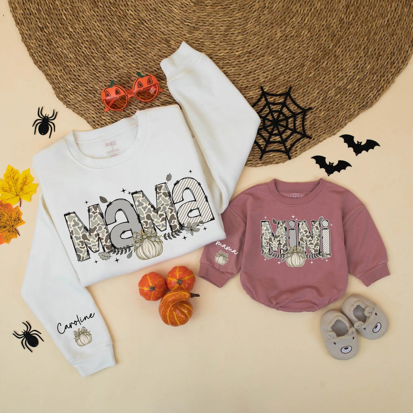 Camo Pumpkin Mama and Mini Matching Sweatshirts Rustic Autumn Family Pumpkin Season Clothes Featuring Name Caroline