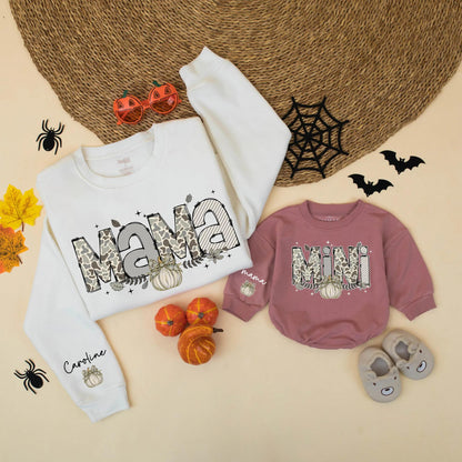 Camo Pumpkin Mama and Mini Matching Sweatshirts Rustic Autumn Family Pumpkin Season Clothes Featuring Name Caroline