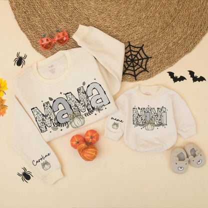 Camo Pumpkin Mama and Mini Matching Sweatshirts Rustic Autumn Family Pumpkin Season Clothes Featuring Name Caroline