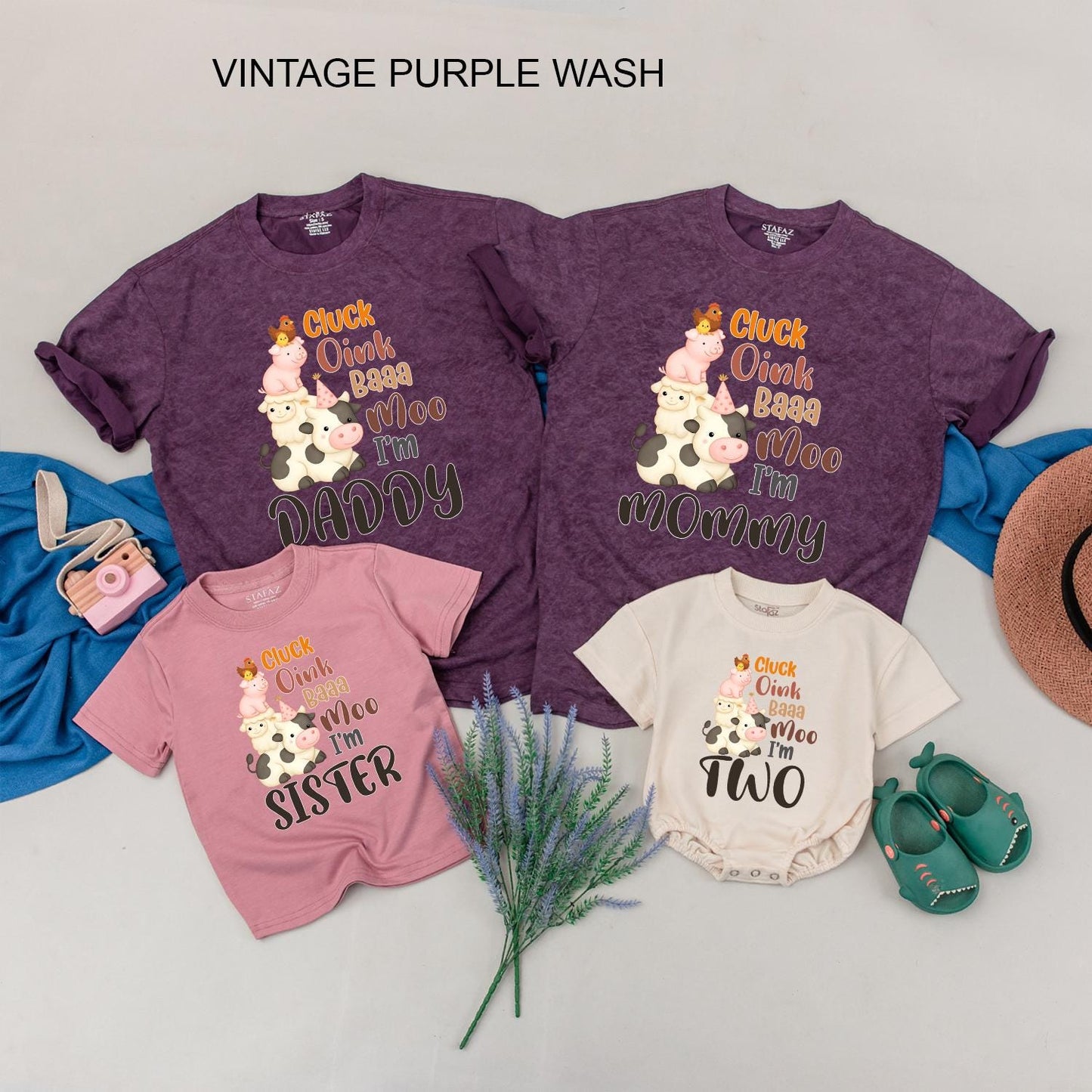 Farm 2nd Birthday Shirt for Boy or Girl: Cluck Oink Baa Moo I'm Two! Barnyard Animal Party Tee for Toddlers, Family Matching Farm Party