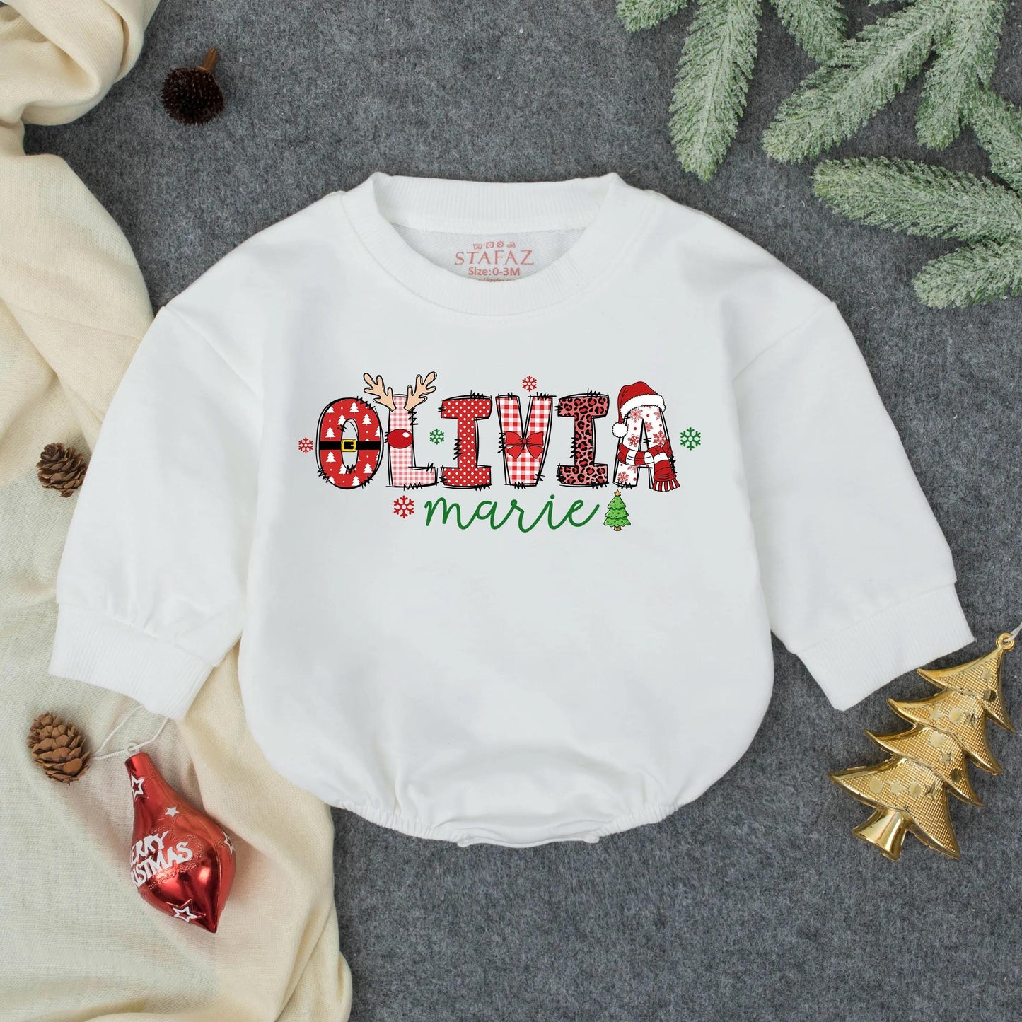 Personalized Olivia Marie First Christmas Bubble Romper Cute Baby Girl Holiday Outfit Infant Toddler Santa Gift