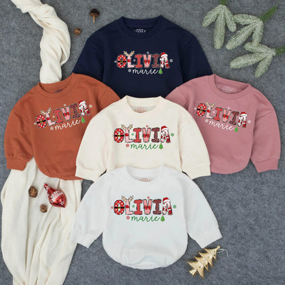 Personalized Olivia Marie First Christmas Bubble Romper Cute Baby Girl Holiday Outfit Infant Toddler Santa Gift