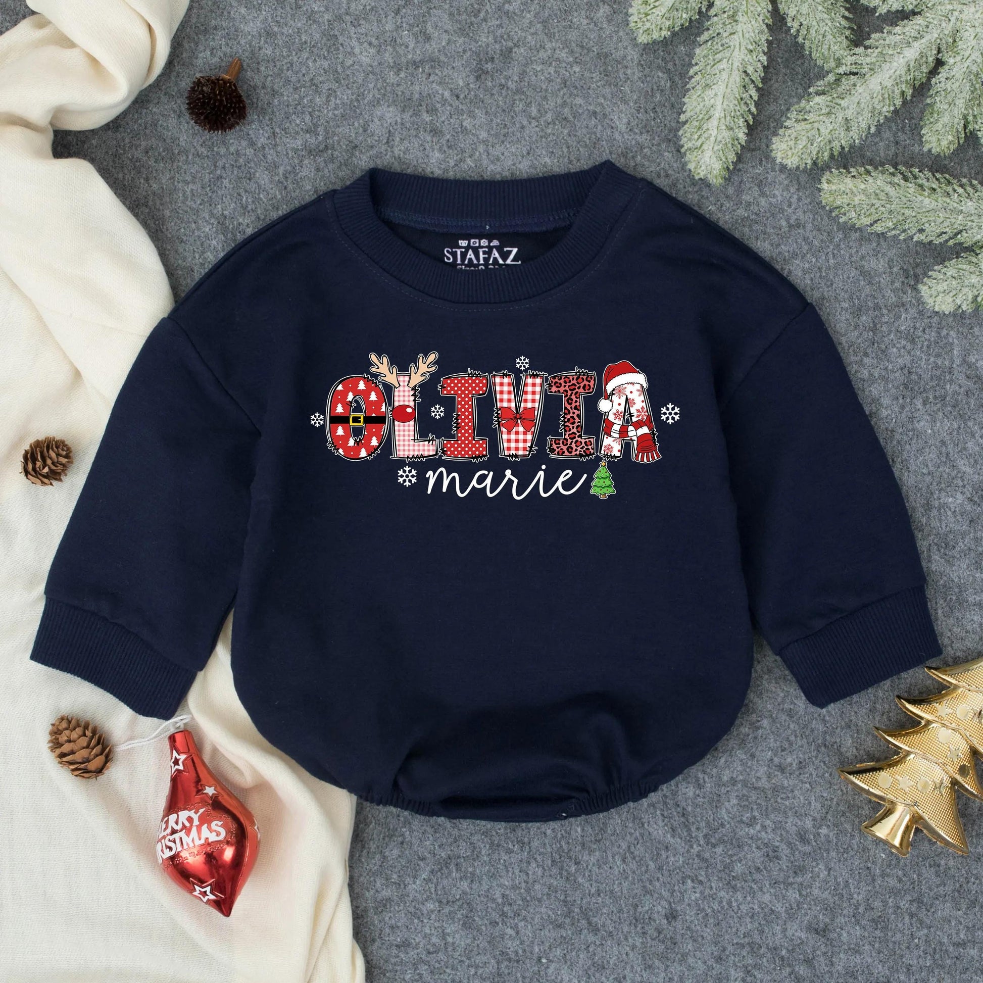 Personalized Olivia Marie First Christmas Bubble Romper Cute Baby Girl Holiday Outfit Infant Toddler Santa Gift
