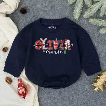 Personalized Olivia Marie First Christmas Bubble Romper Cute Baby Girl Holiday Outfit Infant Toddler Santa Gift