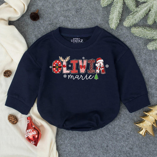 Personalized Olivia Marie First Christmas Bubble Romper Cute Baby Girl Holiday Outfit Infant Toddler Santa Gift