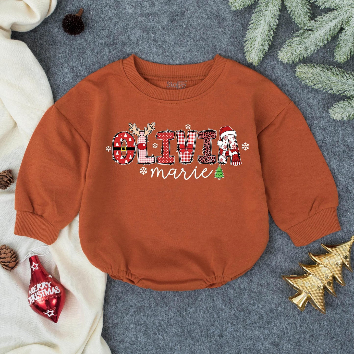 Personalized Olivia Marie First Christmas Bubble Romper Cute Baby Girl Holiday Outfit Infant Toddler Santa Gift