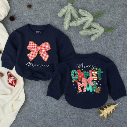 Custom Marcus Merry Christmas Bubble Romper with Gold Glitter Bow for Baby Girls First Christmas Outfit Toddler Cozy Holiday Clothes