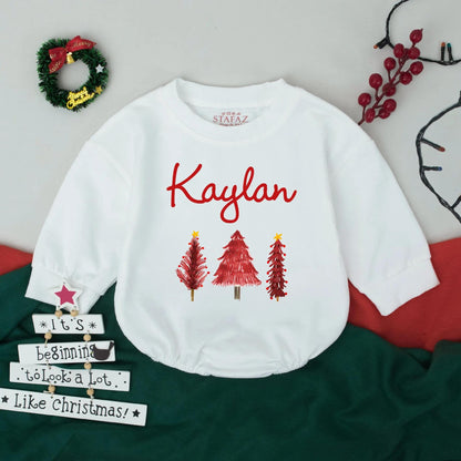 Retro Christmas Tree Bodysuit Custom Name Baby's First Christmas Outfit Toddler Girl Boy Romper Festive Holiday Gift
