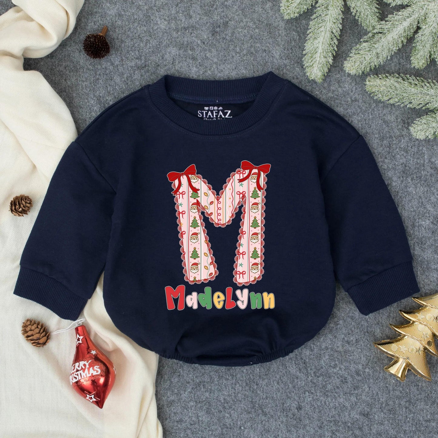 Personalized Pink Christmas 'M' Bubble Romper Girl Whimsical Santa Tree Pattern Lacy Trim Madelynn First Christmas Infant Toddler Outfit