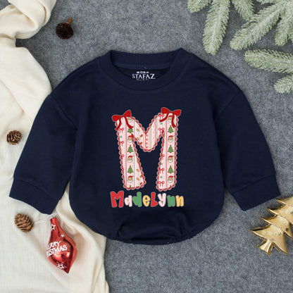 Personalized Pink Christmas 'M' Bubble Romper Girl Whimsical Santa Tree Pattern Lacy Trim Madelynn First Christmas Infant Toddler Outfit