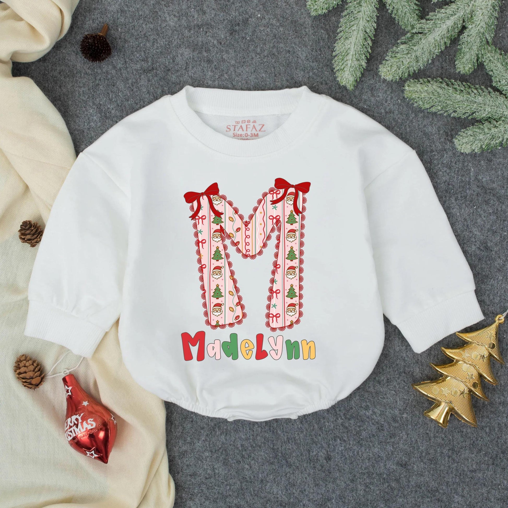 Personalized Pink Christmas 'M' Bubble Romper Girl Whimsical Santa Tree Pattern Lacy Trim Madelynn First Christmas Infant Toddler Outfit