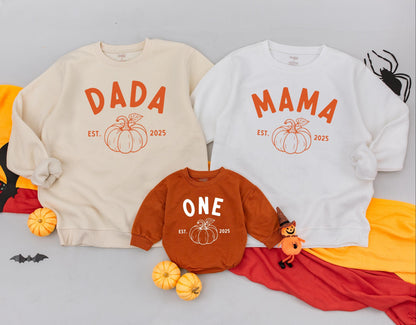 Matching Family Pumpkin Sweatshirts: Dada, Mama, Sister, One - Cute Fall Outfits Est. 2025 - Baby Romper, Thanksgiving Sweaters, Cozy Autumn Style