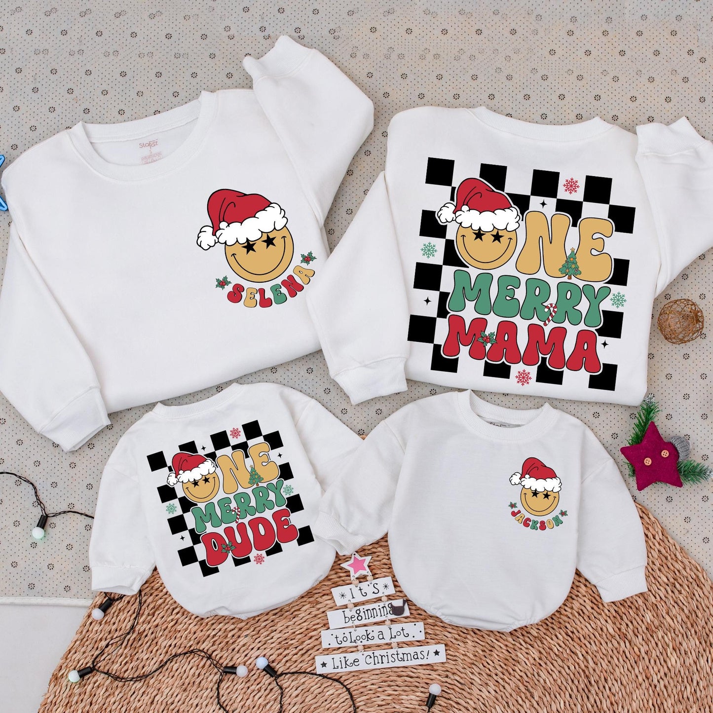 Matching One Merry Dude & Mama Christmas Sweatshirts with Star-Eyed Smiley Faces, Checkered Holiday Family Outfit, Baby Xmas Gift