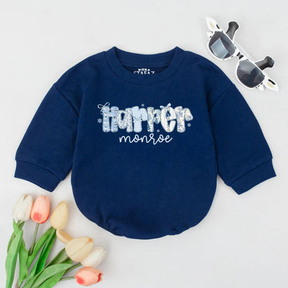 Personalized Preppy Christmas Romper Blue Hamper Name Snowflakes Baby's First Winter Bodysuit 1st Xmas Gift Monogrammed Toddler Outfit