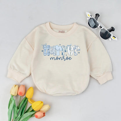 Personalized Preppy Christmas Romper Blue Hamper Name Snowflakes Baby's First Winter Bodysuit 1st Xmas Gift Monogrammed Toddler Outfit