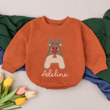 Personalized Adeline Reindeer Christmas Bubble Romper Baby Girl Outfit Custom Name Xmas Bodysuit Newborn Winter Gift