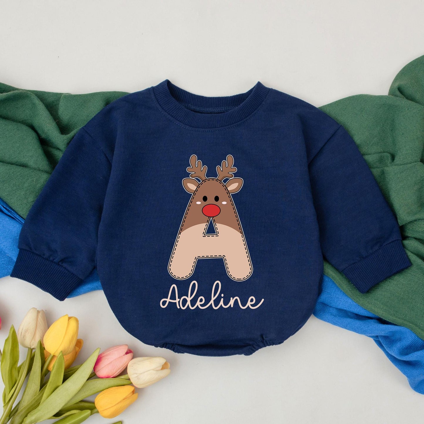 Personalized Adeline Reindeer Christmas Bubble Romper Baby Girl Outfit Custom Name Xmas Bodysuit Newborn Winter Gift