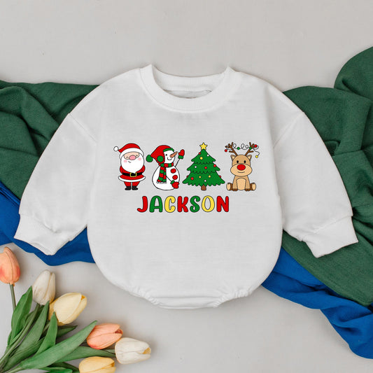 Jackson's First Christmas Bubble Romper Baby Boy Girl with Santa Snowman Tree Reindeer Design Red Green Yellow Colors Joyful Childlike Style