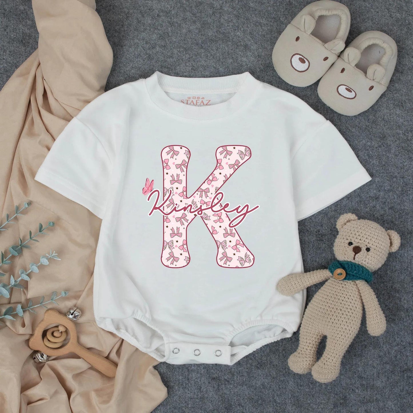 Personalized Girl Kinsley Initial Bubble Romper Pink Bows Stars Butterfly Custom Name Baby Shower Gift Toddler Birthday Outfit Soft Cotton