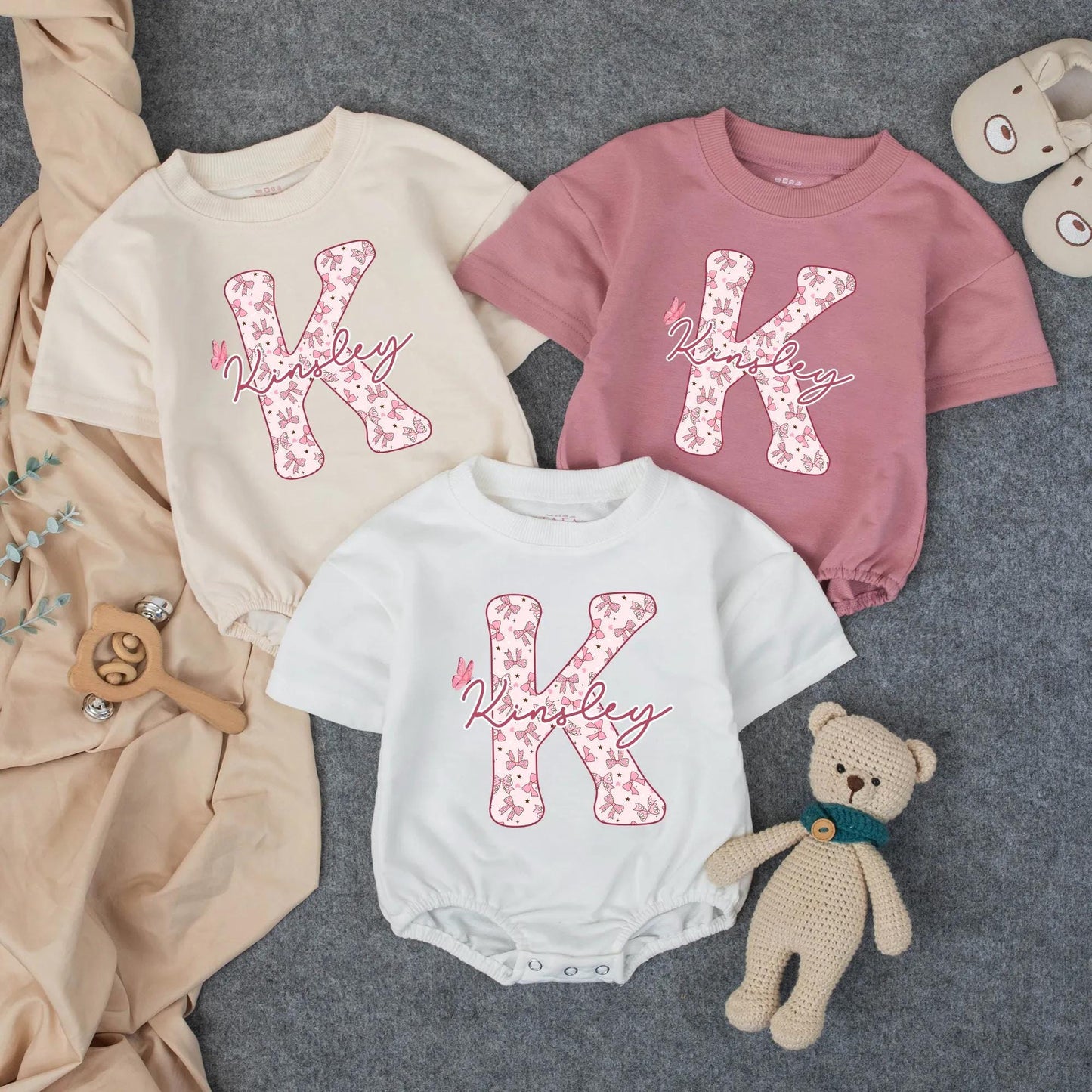 Personalized Girl Kinsley Initial Bubble Romper Pink Bows Stars Butterfly Custom Name Baby Shower Gift Toddler Birthday Outfit Soft Cotton