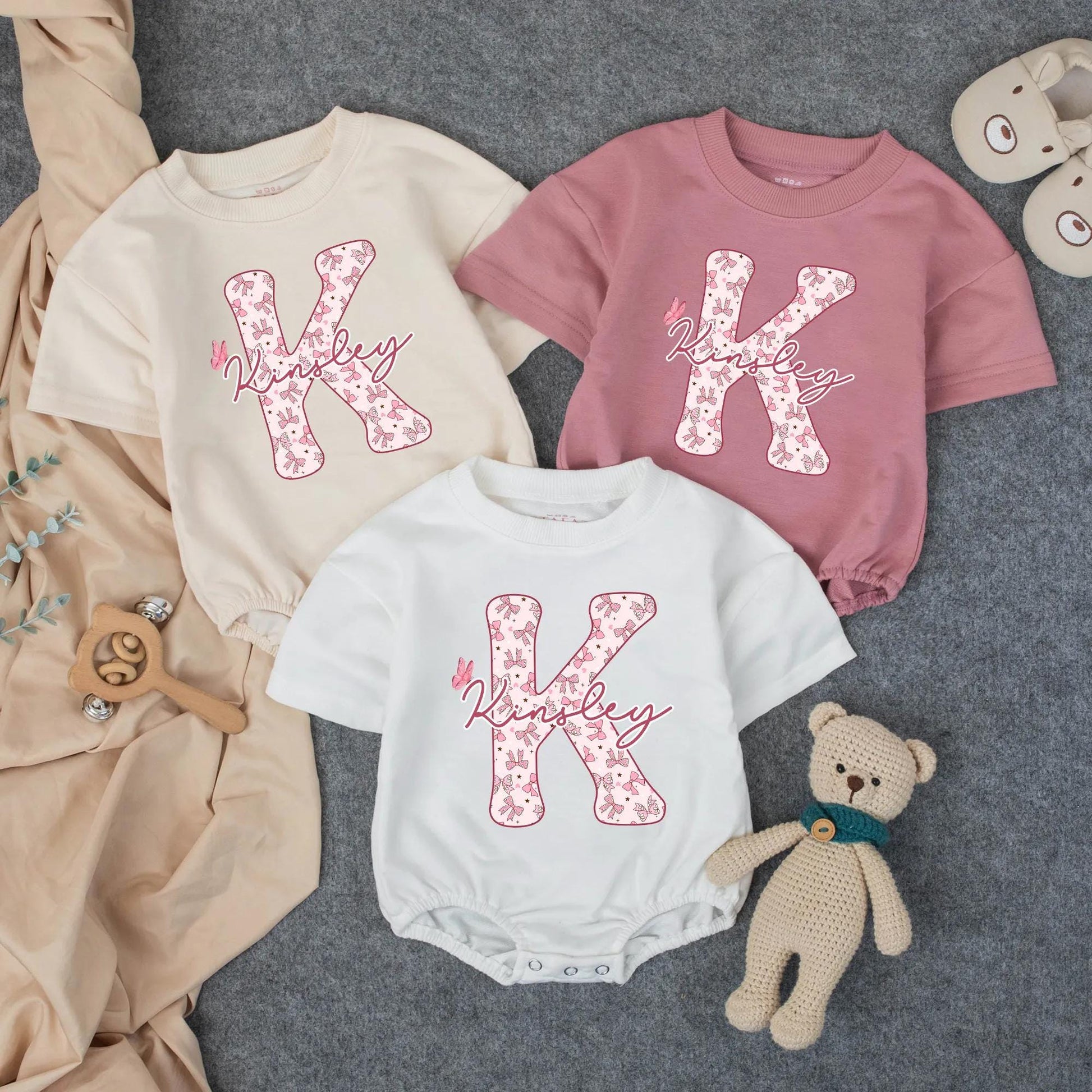Personalized Girl Kinsley Initial Bubble Romper Pink Bows Stars Butterfly Custom Name Baby Shower Gift Toddler Birthday Outfit Soft Cotton