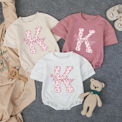 Personalized Girl Kinsley Initial Bubble Romper Pink Bows Stars Butterfly Custom Name Baby Shower Gift Toddler Birthday Outfit Soft Cotton