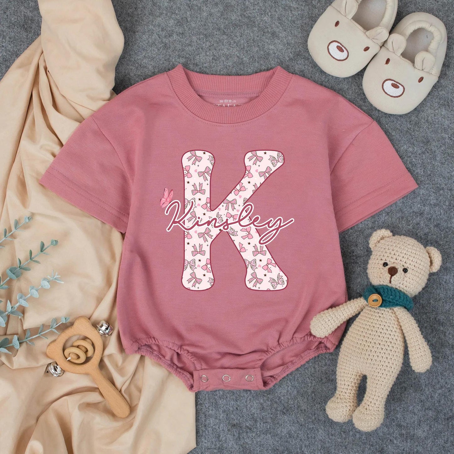 Personalized Girl Kinsley Initial Bubble Romper Pink Bows Stars Butterfly Custom Name Baby Shower Gift Toddler Birthday Outfit Soft Cotton