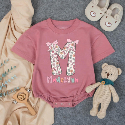 Custom Floral M Name Madelynn Romper Baby Girl Pastel Flowers Personalized Summer Outfit Infant Toddler Clothes Baby Shower Gift