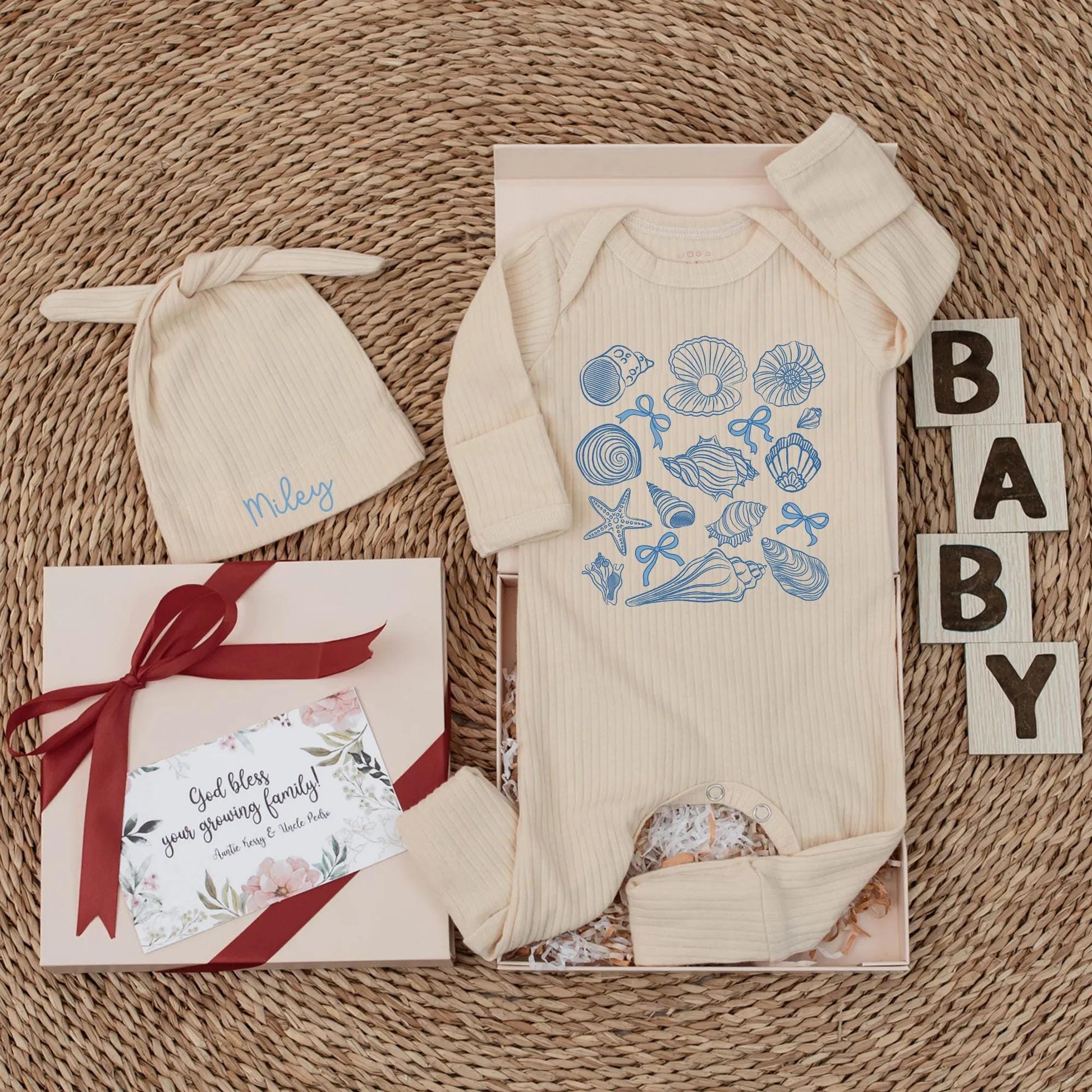Personalized Light Blue Shells Bows Beach Baby Bodysuit Ocean Theme Newborn Girl Coming Home Romper Hand-Drawn Vintage Coastal Shower Gift