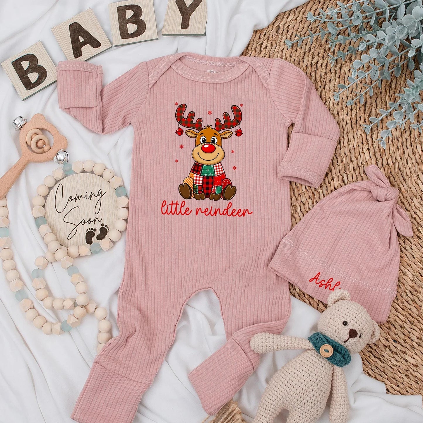 Personalized Little Reindeer Bodysuit, My 1st Christmas Outfit, Buffalo Plaid Newborn Clothes, Festive Holiday Baby Shower Gift, Custom Name 